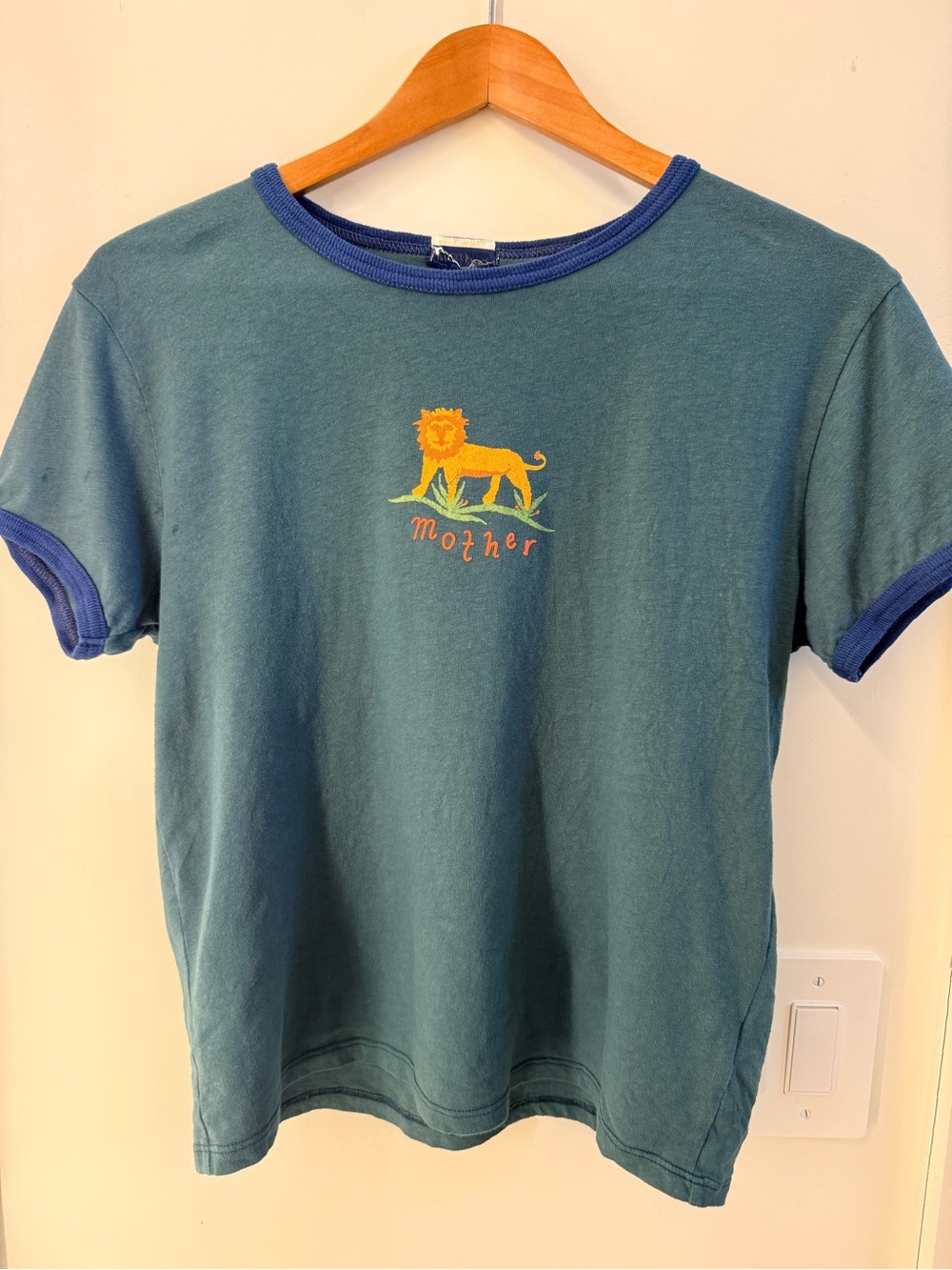 MOTHER Teal L’il Ringer Tee with Blue Trim and Yellow Lion